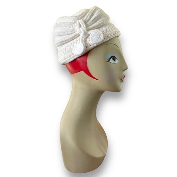 Vintage 1940s Everitt Needlepoint Womens White Beehive Tilt Hat Sculpted Toque - Picture 12 of 16